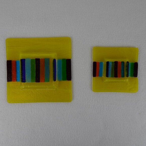 Fused Glass Square Ashtray Trinket Dish Candy Yellow Rainbow Striped SET of 2 - Picture 4 of 6